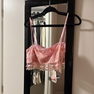 MAJORELLE ANASTASIA EMBELLISHED CROP TOP IN PINK FIREWORKS